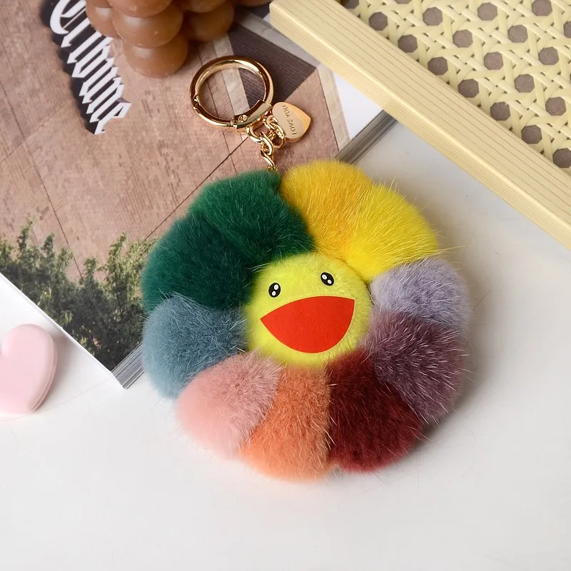 Кольцо с подвеской в виде цветка из 2021 натурального меха норки помпоном для сумки