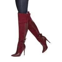 2022 woman stiletto heel knee high boots patchwork suede narrow strap pointed toe female red long boots