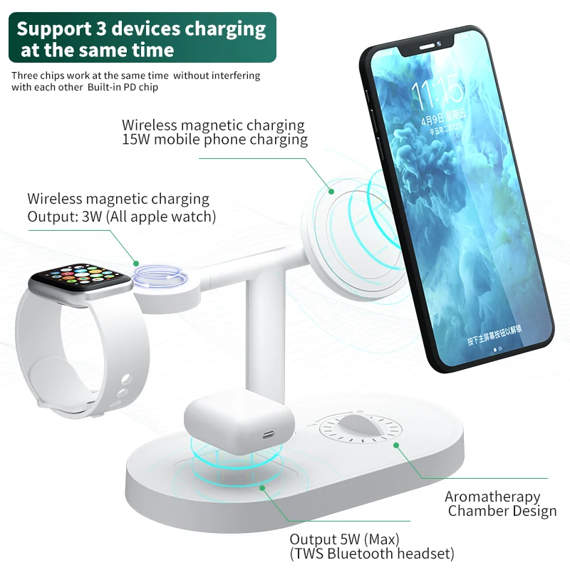 2021 new 15w magnetic 3 in 1 bamboo wood wireless charger station for mobile phone smart watch earplugs with aroma fast charger free global shipping