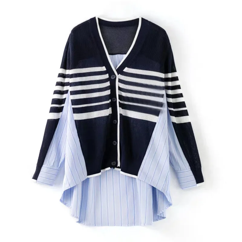 

Striped Sweater Women's Stitching Fashionable Knitted Cardigan Top Loose and All-match Outer Wear