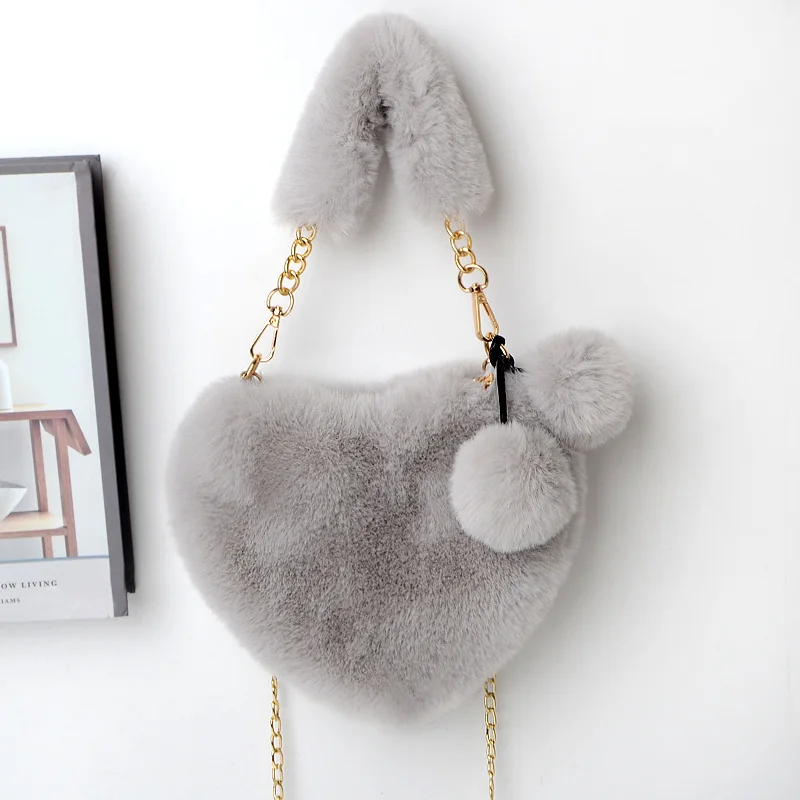 2021 Faux Fur Women Handbags Heart Shaped Shoulder Bag Female Clutch Purse Chain Messenger Bag Plush Shoulder Crossbody Bag images - 6