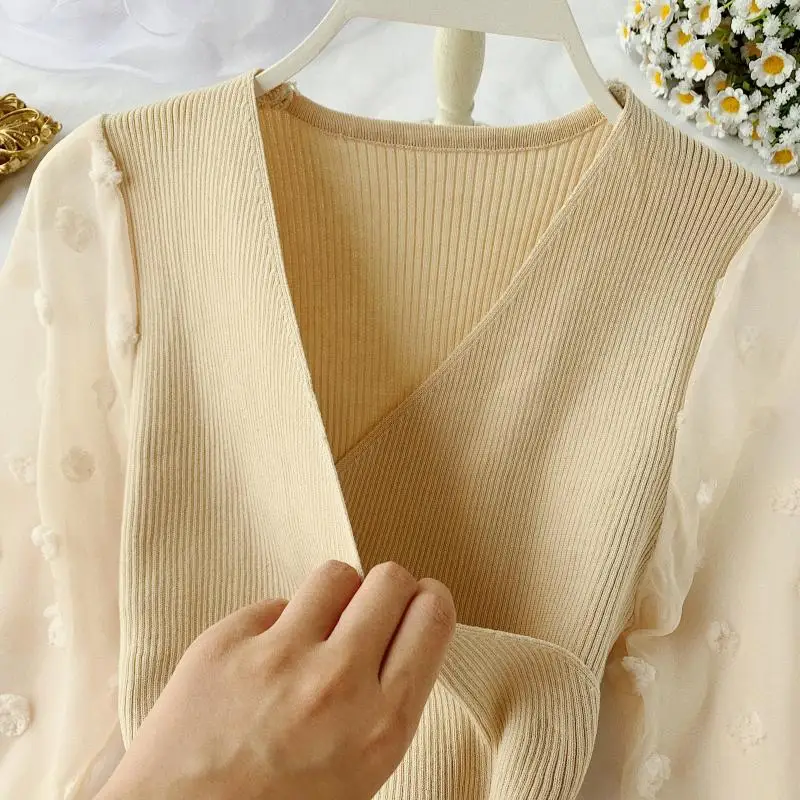 

Romantic Women Knitted Party Dress 2021 Fashion V Neck Elegant Dresses Autumn Long Sleeve Sashes Ladies Dress Black