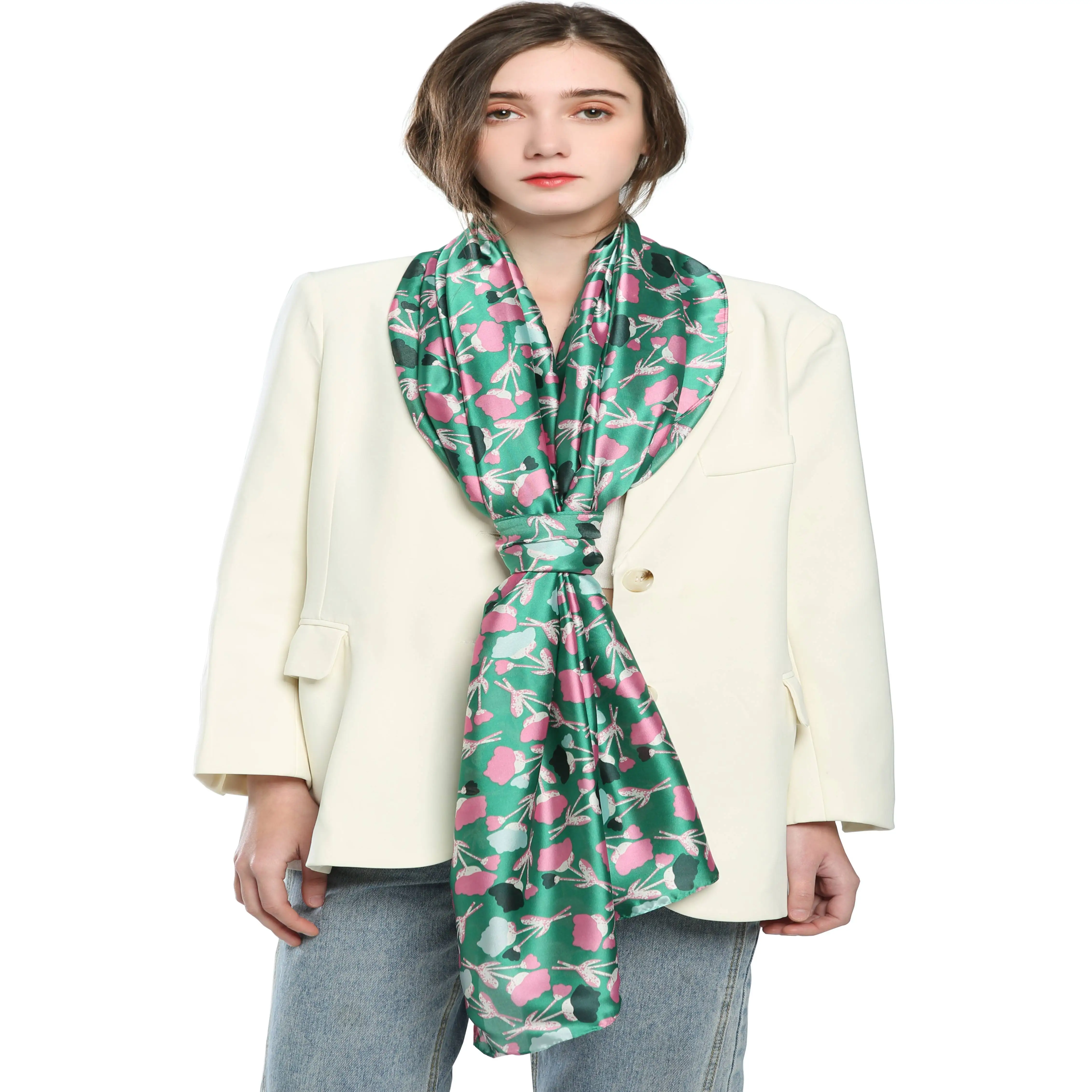 

New Thin Silk Scarf Shawl Paris Ginkgo Pattern New Silk Satin Printed Scarf