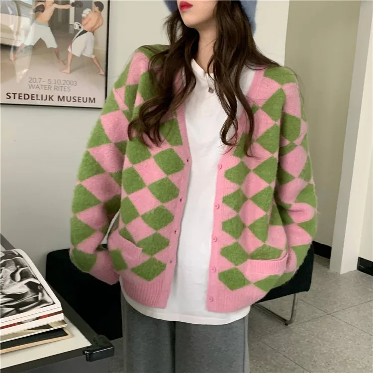 

Women's Knitted Sweaters Diamond Plaid Single Breasted Buttons Loose Casual Knitted Cardigan Sweater 2021 Autumn Winter