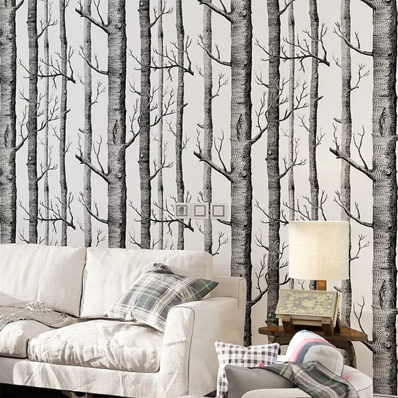 

Black White Birch Tree Wallpaper Modern Design Roll Pearly Rustic Forest Woods Bedroom Living Room Wall Paper Home 10 x