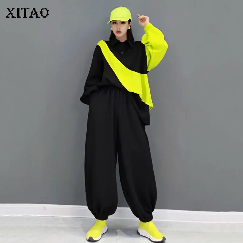 

XITAO 2021, Осенние новые модные комплекты со штанами, женские повседневные свободные контрастные цвета, топ с отложным воротником, штаны-шарова...