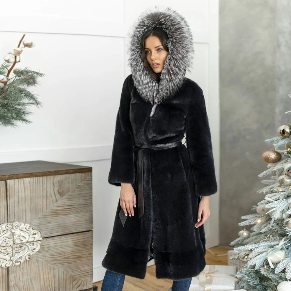 

Long Black Genuine Mink Fur Coat with Silver Fox Fur Hood Thick Warm Genuine Fur Overcoat Luxury Woman Natural Mink Fur Coats