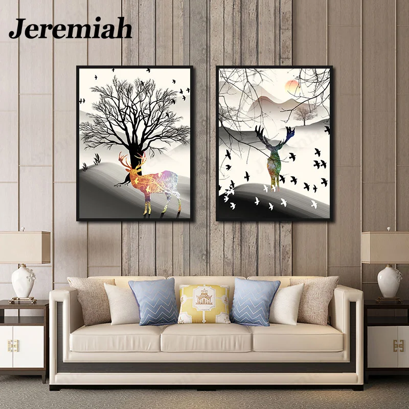 

Home Living Room Decoration Colorful Deer Tree Landscape Poster HD Print Canvas Painting Nordic Modern Abstract Wall Painting