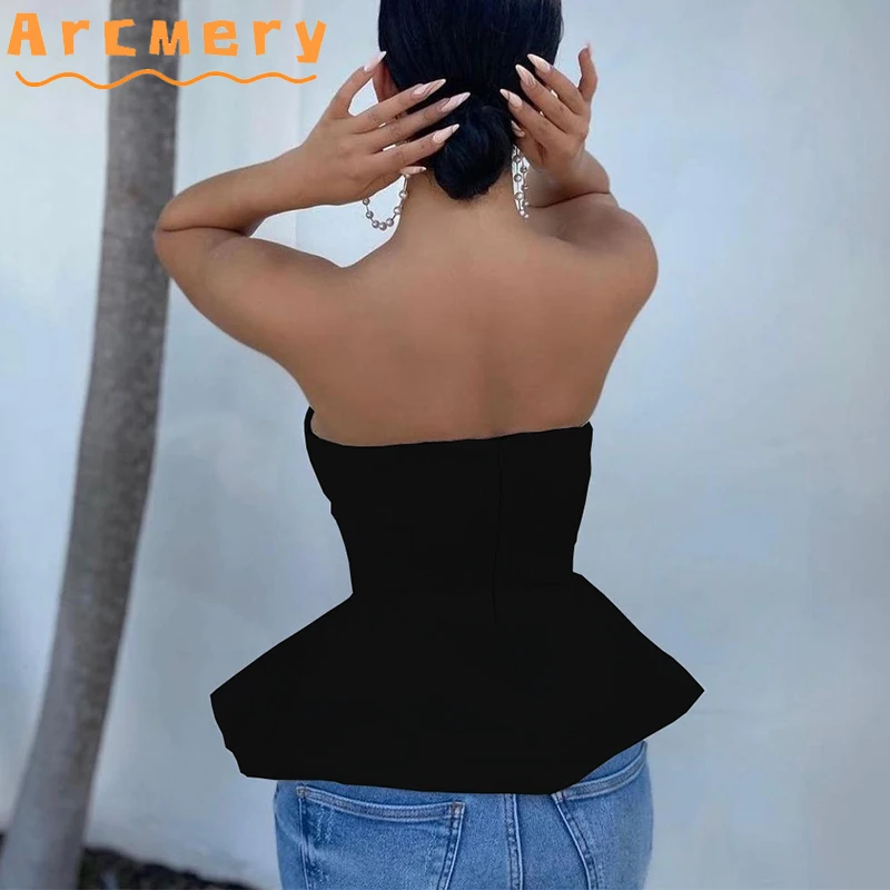 

Women Plus Size Ruffle Design Strapless Solid Top