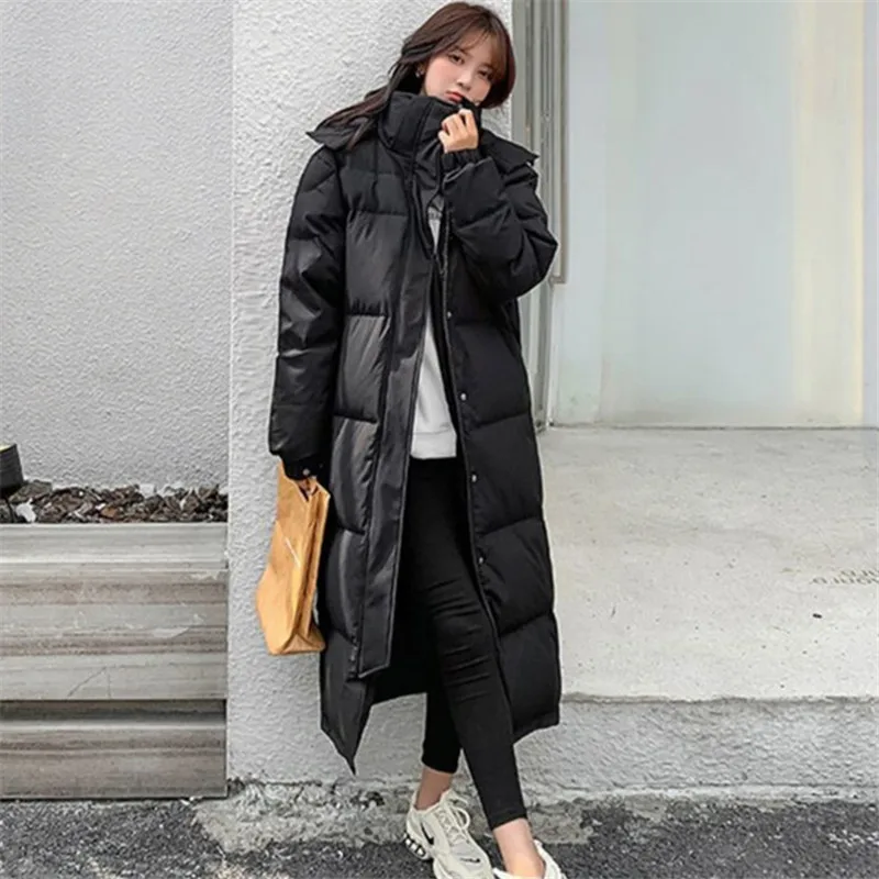 Winter Parka Coat Thickened Woman New Solid Color Hooded Zipper Pocket Over The Knee Long Cotton Clothing Warm Simple Commuter