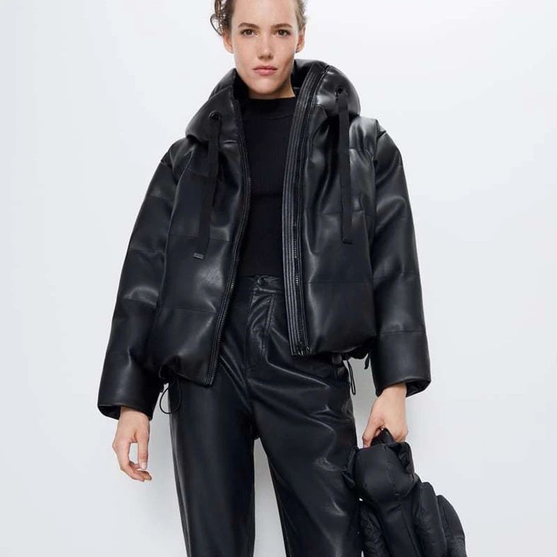 Winter PU Leather Coats Women Faux Leather Pockets Parka Women Elegant Hooded Zipper Coats Female Large Size Thicken Warm Coat