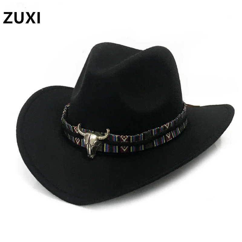 

Cow head western cowboy hat woolen jazz top hat men and women national wind autumn and winter felt hat big brim hat