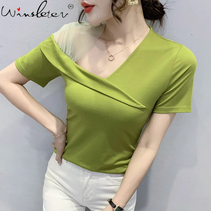 

Summer European Style Cotton T-Shirt Sexy Skew Collar Patchwork Mesh Women Tops Bottoming Shirt Casual All Match Tees T16213A