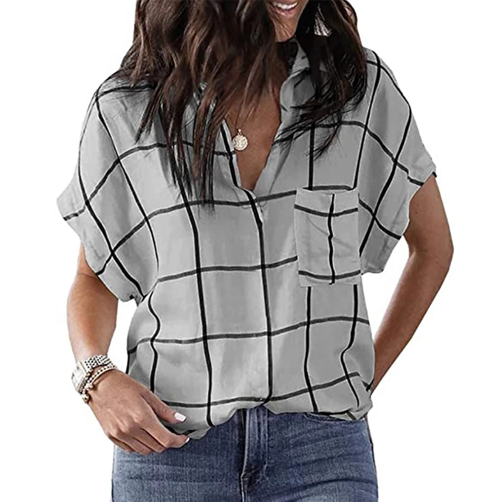 

VICABO Turn-down Collar Pocket Tops With Short Sleeves Print Plaid Female Summer Clothes For Women 2021 T-shirt Womens Tops