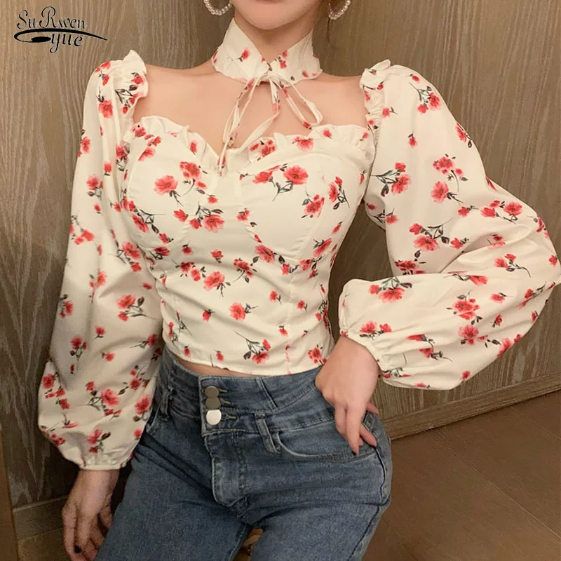 

Long Sleeve Casual Floral Blouse Woman Korean Chic Sexy Slash Neck Print Chiffon Shirt Women Sweet Fashion Summer Tops New 14928