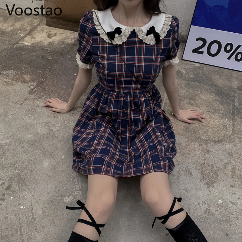 

Summer Japanese Women Gothic Lolita Plaid Dress Vintage Peter Pan Collar Lace Ruffles Puff Sleeve Dress Girl Punk Party Dresses