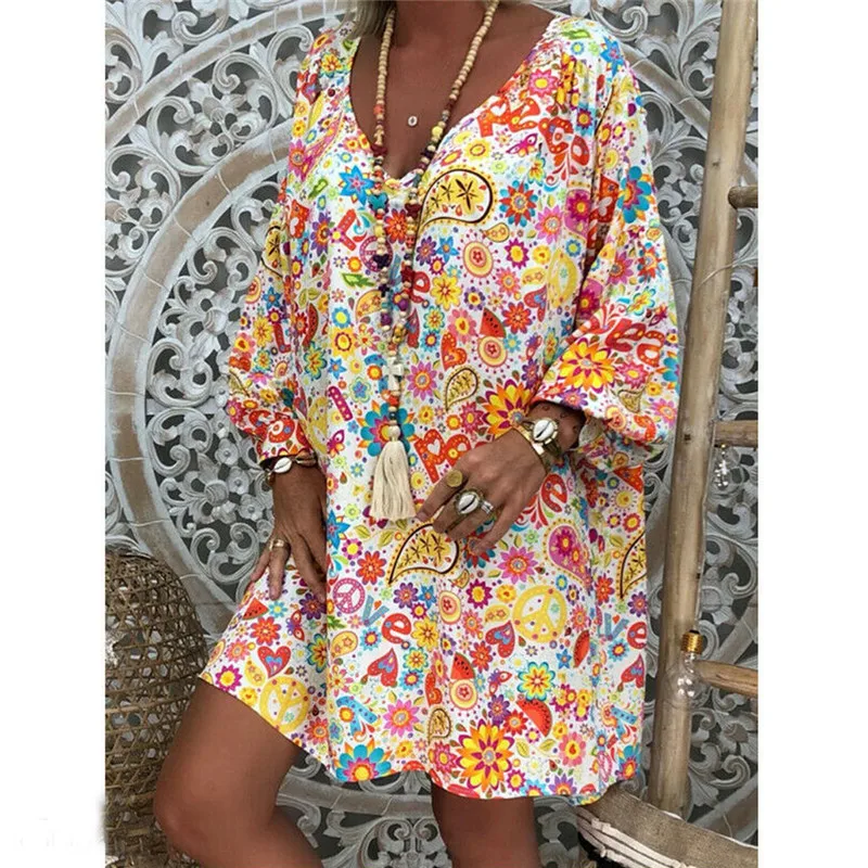 Hirigin женское мини-платье из хлопка и льна в стиле бохо с коротким рукавом