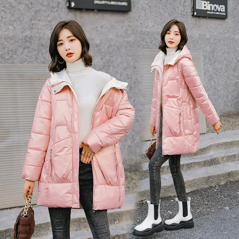 PinkyIsBlack New Winter Thicken Women's Puffer Coat Glossy Warm Hooded Long Cotton Padded Jacket Ladies Winter Down Cotton Parka