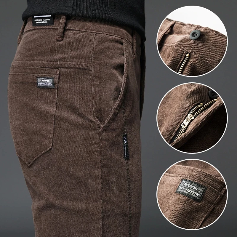 

Autumn Winter New Straight Slim Stretch Men Corduroy Pants Solid Slacks Male Casual Elastic Thicken Corduroy Trousers Size 28-38