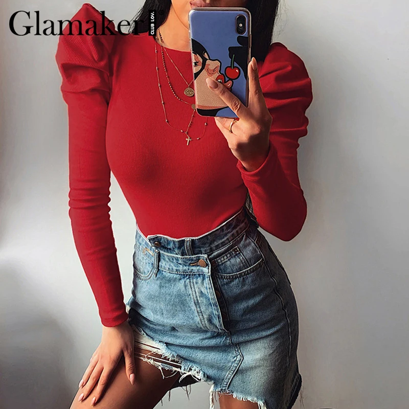 Glamaker Puff sleeve bodycon knitted bodysuit Female fashion streetwear body suit Spring long women sexy playsuit overall |