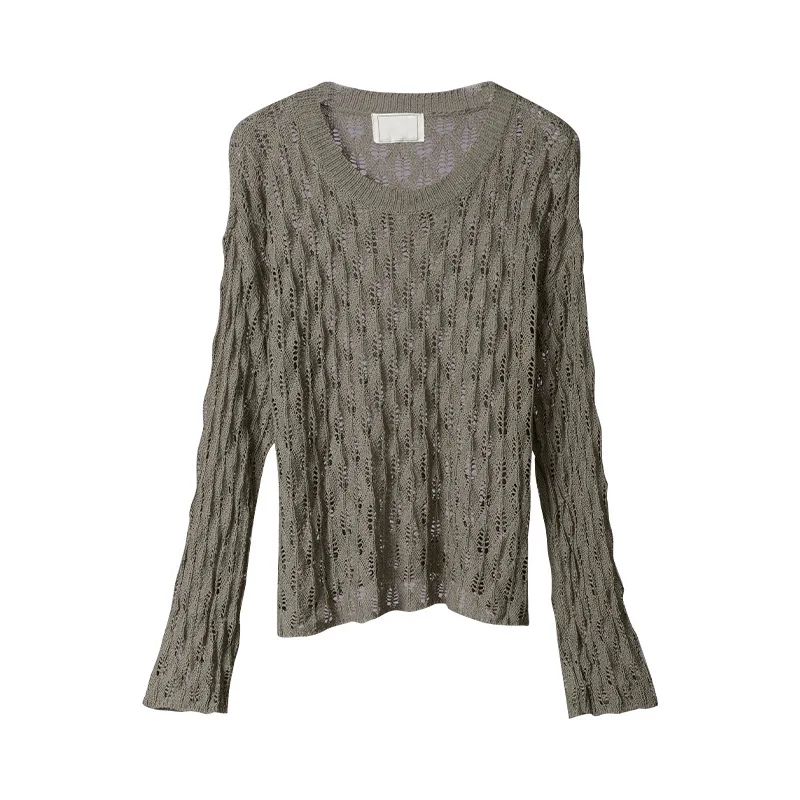 

New Women Spring Autumn Green Slim Hollow Out Knitted T-Shirt Female England Solid Color Tees Ladies Brand Casual Tops ZM485