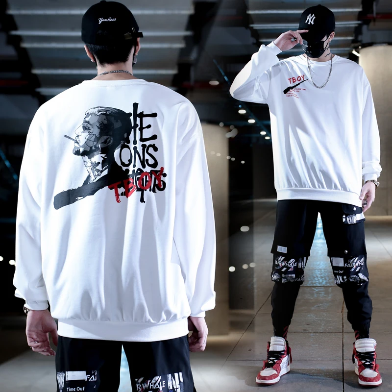 

European and American men's loose spring and autumn hip-hop Harajuku character print round neck men's clothing