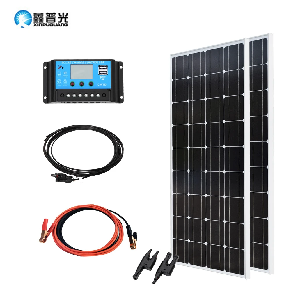 XINPUGUANG 200W Солнечная Системы комплект 100w Панели солнечные стекла подойдет как для повседневной носки, так модуль эффективных ячейки 12 v/24 v/20A контроллер кабель MC4 адаптер