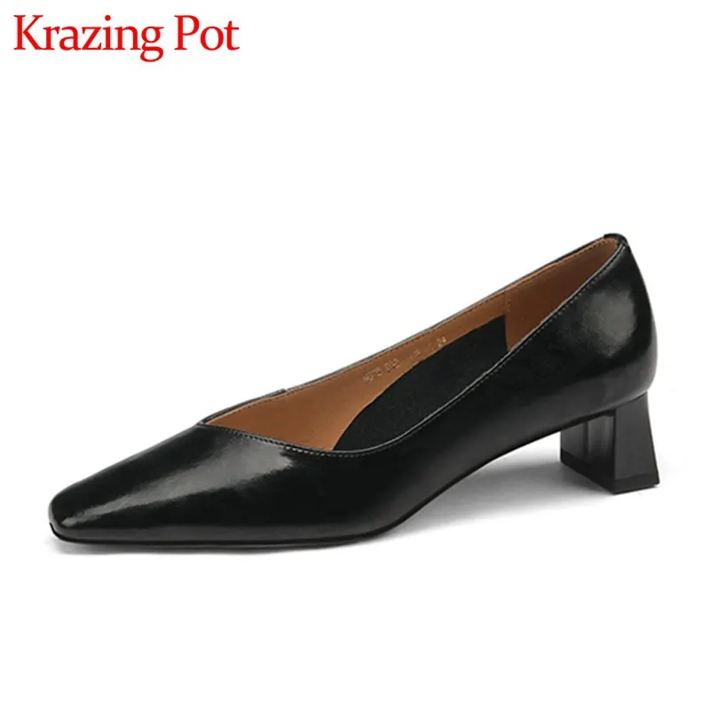 

Krazing pot fashion shallow pink shoes slip on spring cow slip leather square toe thick med heels gentlewomen women pumps l72