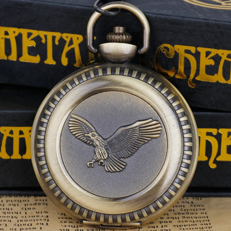 

New Arrvial Bronze Matte Black Paint Flying Eagle Pendant Necklace Quartz Pocket Watches for Men Women Gifts WP4022
