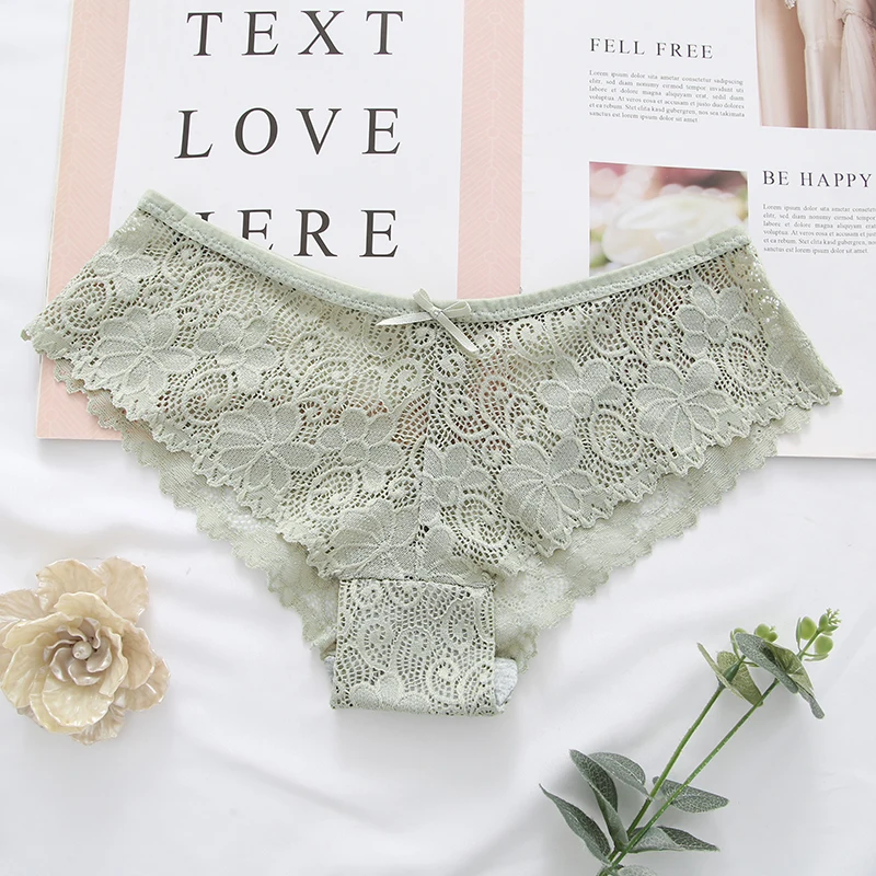 Light Green Женское сексуальное нижнее белье с цветочным кружевом для женщин трусы сексуальные трусики прозрачные трусы с бантом центр низкая талия - Цвет: Light Green