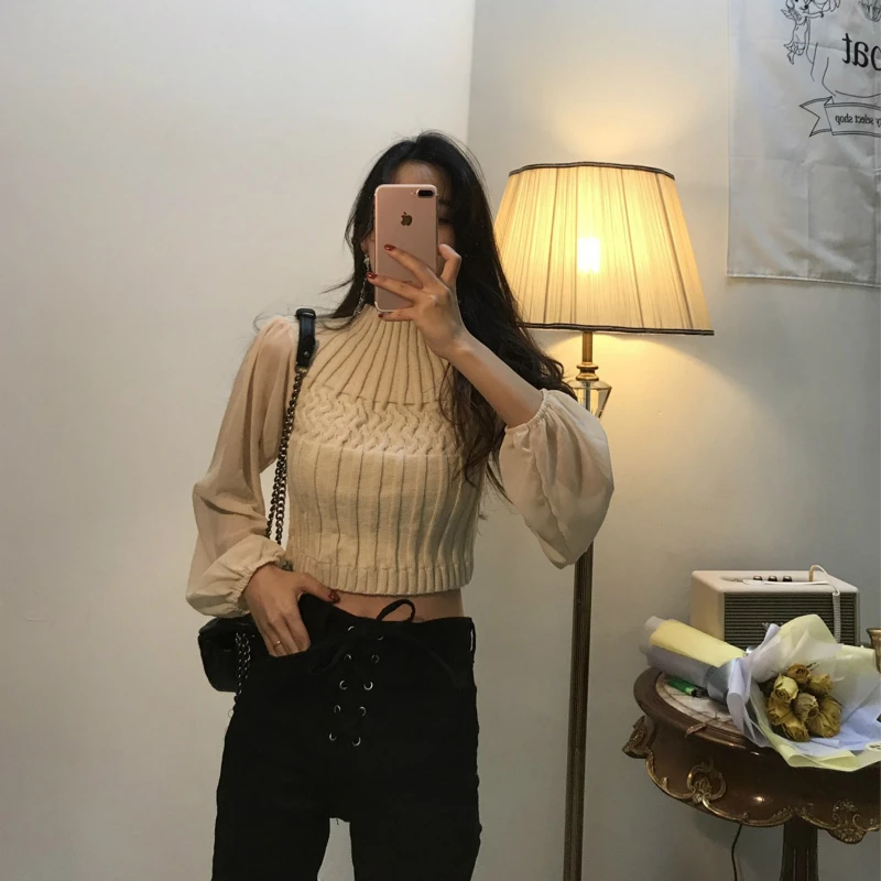 

Mazefeng 2020 Women Patchwork Sweater and Chiffon Pullover Turtleneck Lantern Sleeve High Waist Slim Knit Top Fashion Femme Ins