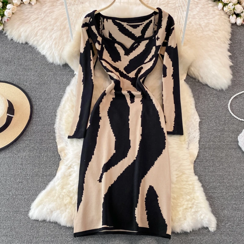Зимние женские вязаные платья с абстрактным красочным принтом сексуальное