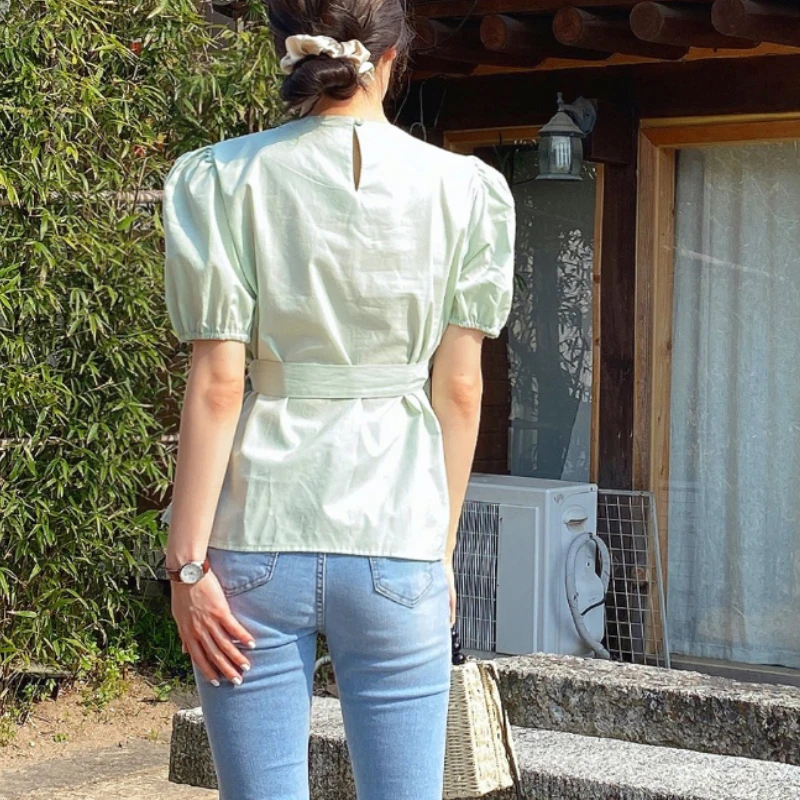 

KUSAHIKI Women Blouses Chic Lace Up Slim Waist Shirt Causal Puff Short Sleeve O-neck Solid Blusas Mujer De Moda 2021 New 6H144