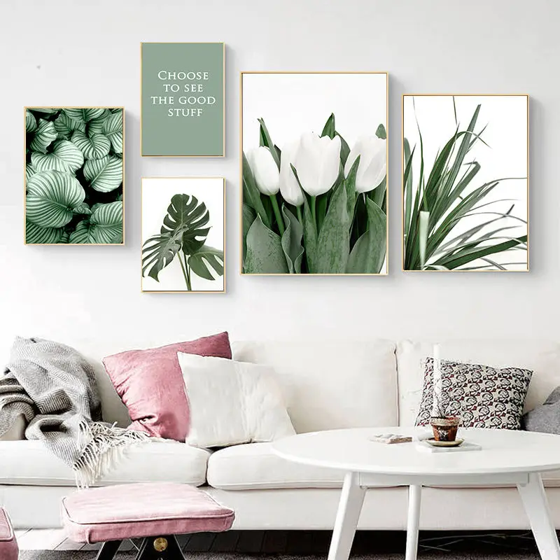 

White tulip green orchid aloe monstera plant art canvas painting nordic posters and prints wall pictures for living room decor