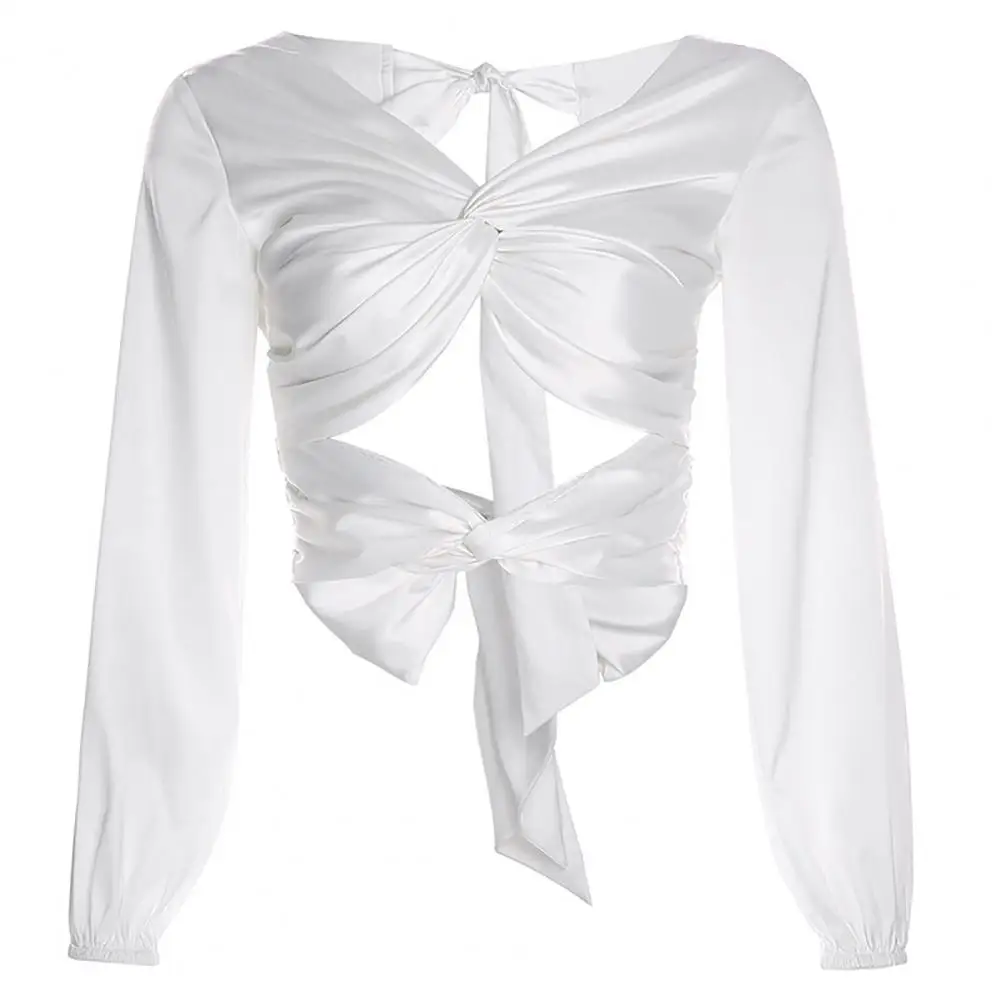 

Casual Women Long Sleeve Bandage Crop Tops Ladies V Neck Sexy Backless Solid T-Shirts Slim Shirts Clubwear