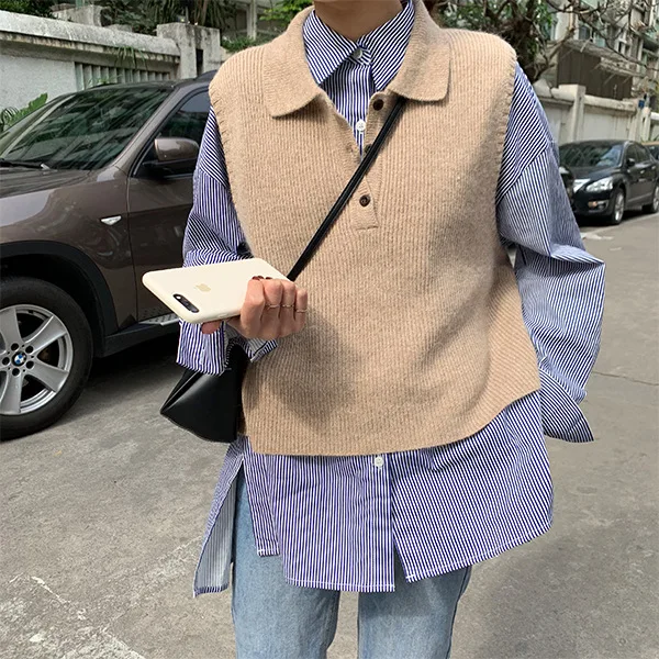 Sleeveless Pullover Vest Women Turn-down Collar Button Up Knitted Sweater Waistcoat Female 2019 Korean Autumn Clothes | Женская одежда