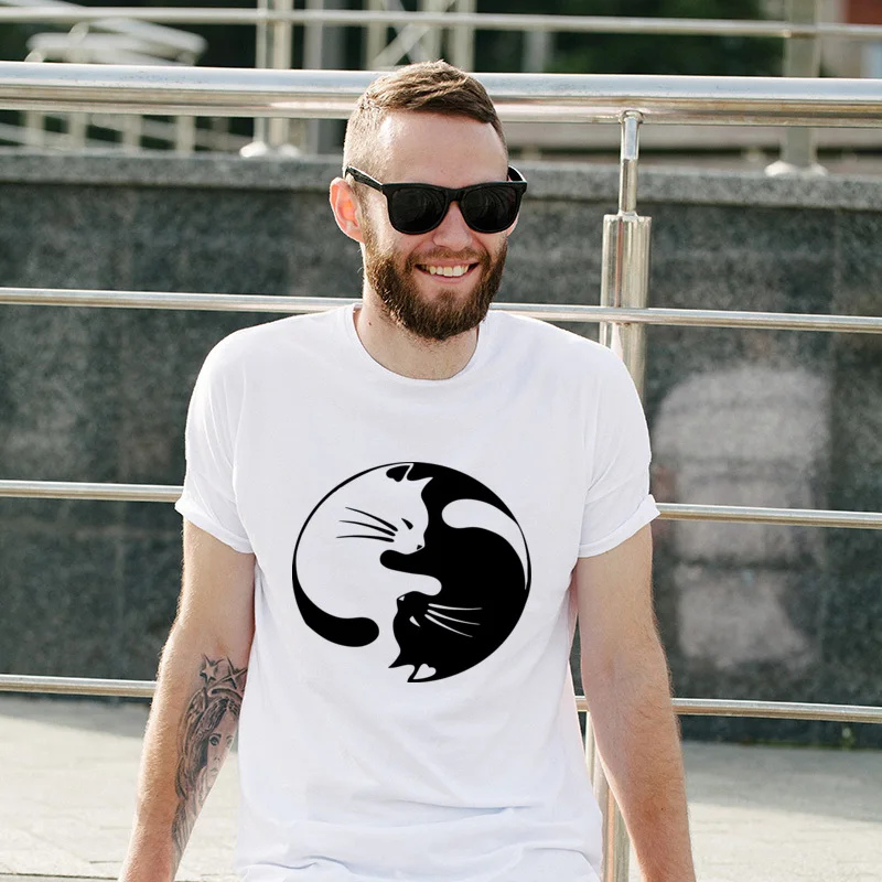 

Lovers Day Ying Yang By Cats Crew Neck New Design Tops T Shirt Round Neck 3D Printed Tee Shirts Cheap Customized T Shirts