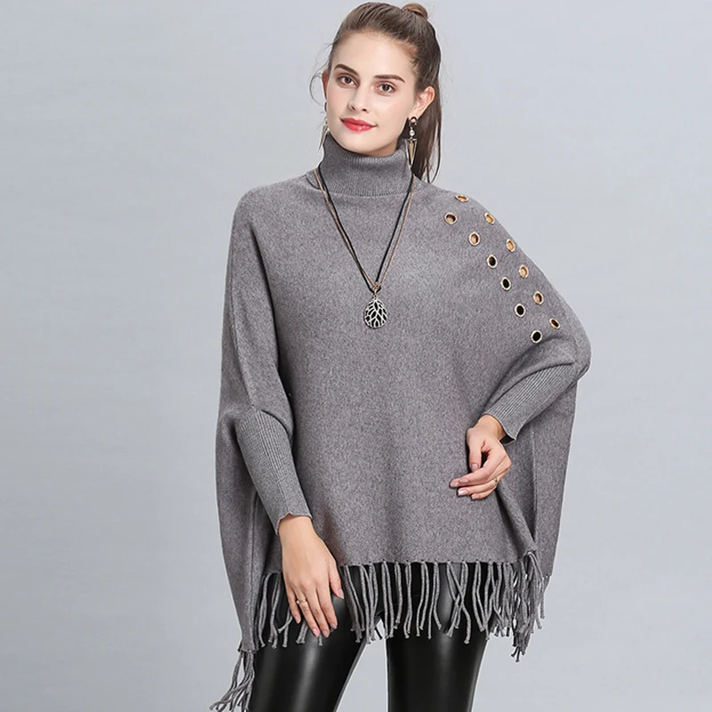 

2021 New Fashion Winter Warm Poncho for Women Thicken Hollow Soft Solid Shawls and Wraps Ladies High Neckline Long Tassel