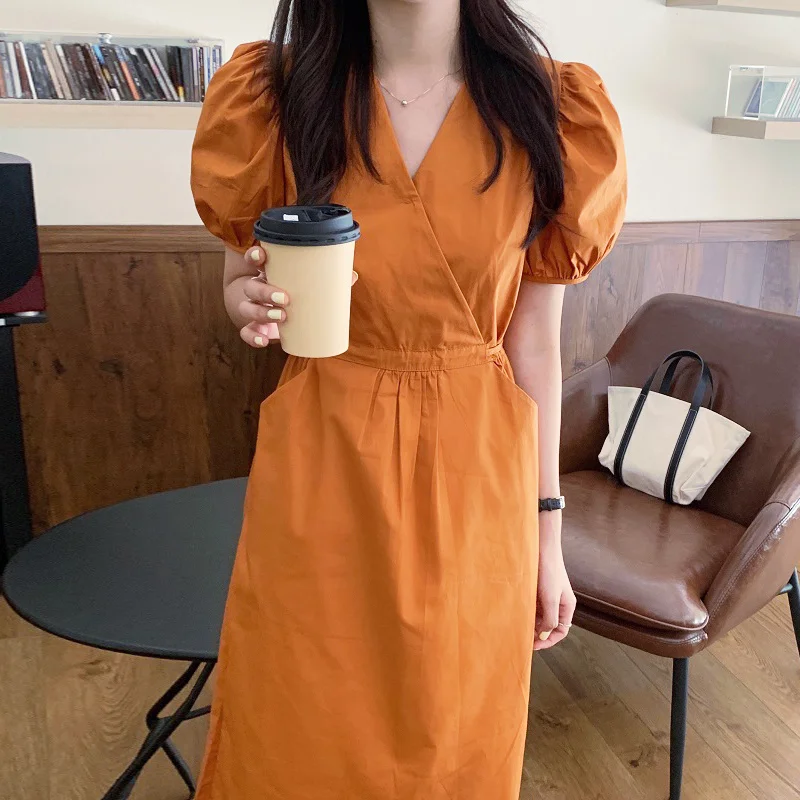 

Korean Chic Summer Soft and Thin V-neck dress woman Cross Design Waist Strap Medium Long Bubble Sleeve Dress
