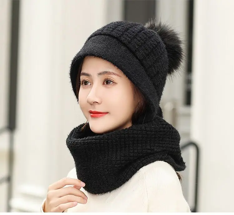 Зимние шерстяные вязанные шарф и шапка набор бини женский шарф Skullies Beanies шапки для женщин шапка s Gorras Bonnet маска цельная шапка