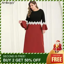 Amtivaya Plus Size Dresses Elegant O Neck Flare Long Sleeve Midi Dress Fashion Lace Color Block Large Size Women Wears Fall