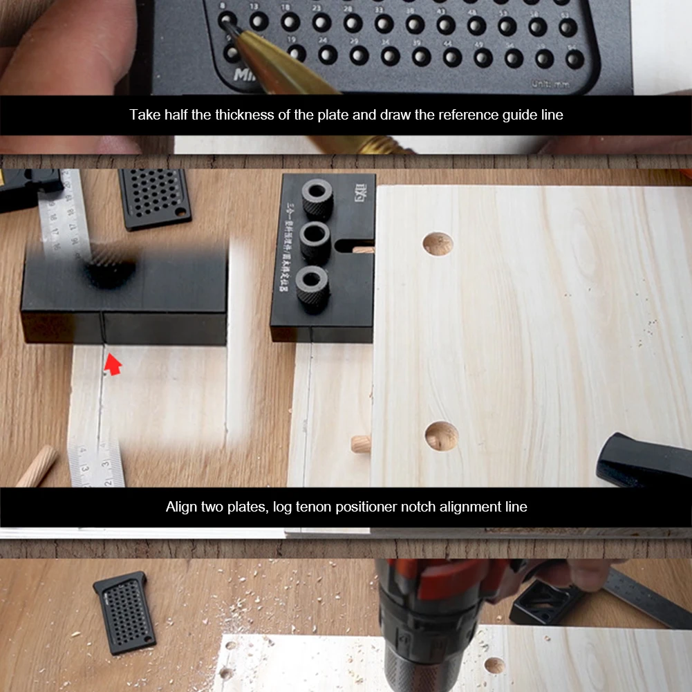 

Aluminum Wood Drilling Guide Locator Adjustable Dowel Jig Woodworking 3 in 1 Dowelling Jig Puncher Round Tenon Tools