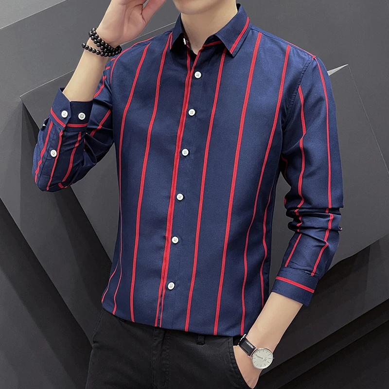 

Men's Stylish Color Block Striped Cotton Shirts Comfortable Long Sleeve Standard-fit Button-down Collar Casual Tops Shirt