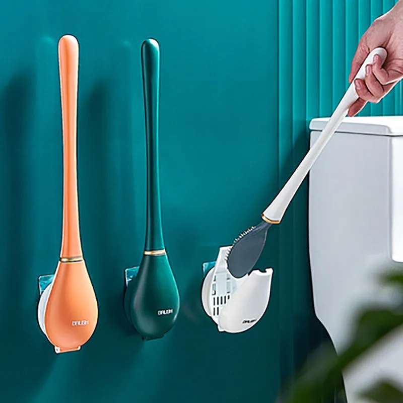 

Silicone Toilet Brushes With Holder Set Wall-Mounted Long Handled Toilet Cleaning Brush Modern Hygienic Bathroom Accessories