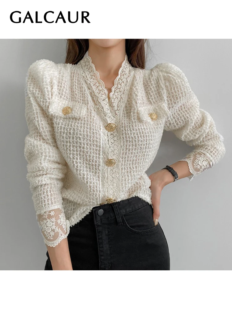 

GALCAUR Casual Patchwork Lace Button Slim Solid Blouse Female V Neck Long Sleeve Temperament Shirt For Women Autumn Style 2021