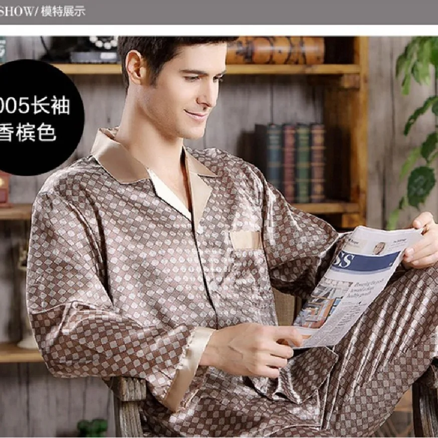 Европейские пижамные комплекты S-xl шелковая пижама для весны и осени мужской