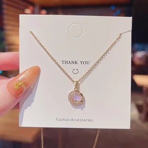 Korean fashion personality geometric round gradient crystal titanium steel necklace female temperament all-match clavicle chain