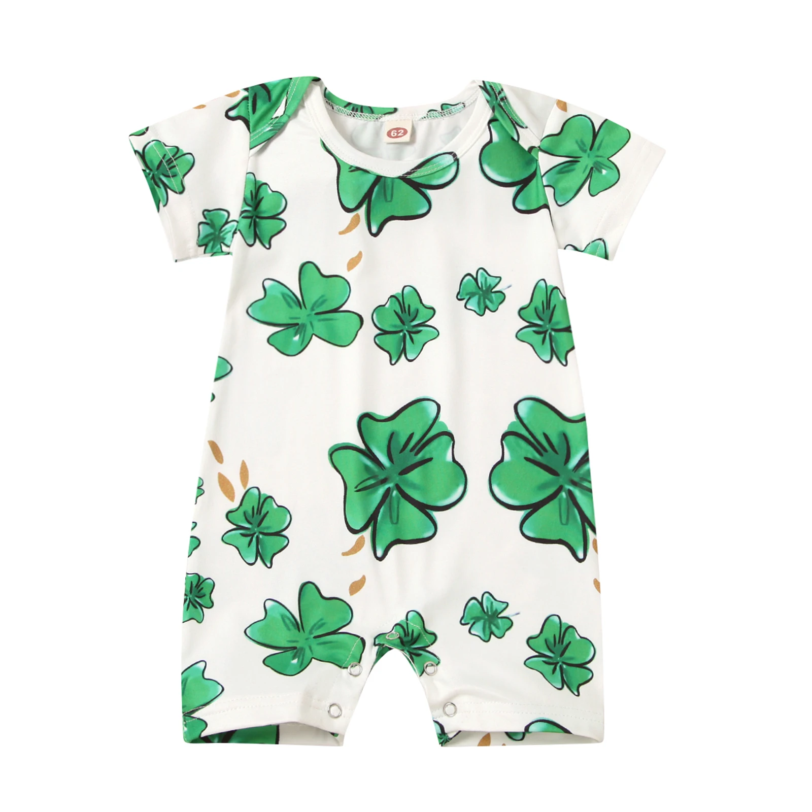 

St. Patrick's Day 0-12 Months Baby's Clover Print Jumpsuit, Toddler Boy Girl Summer O-neck Short Sleeve Romper with Long Pants