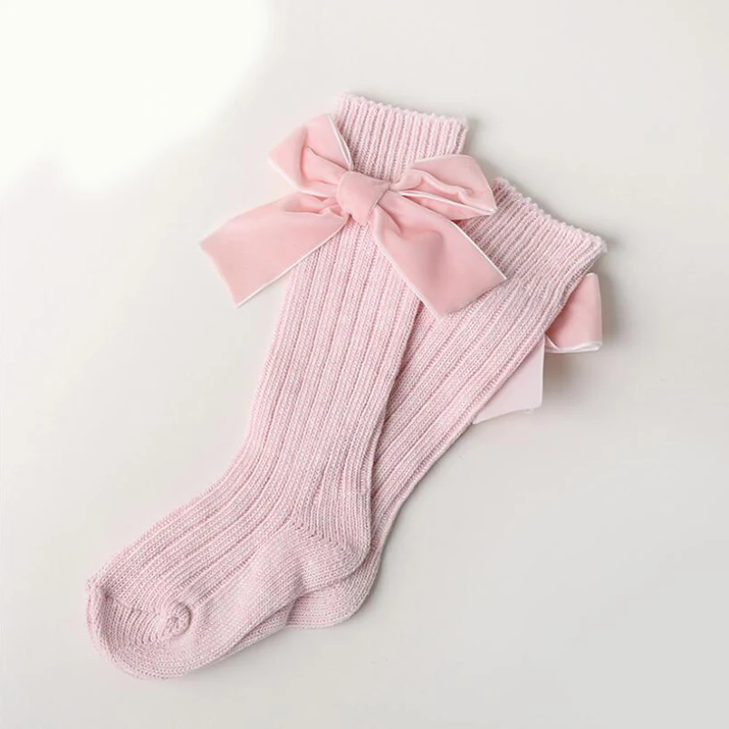 pink Широкие вельветовые Гольфы с бантом из ленты для девочек, носки для малышей, длинные носки осенние детские носки рождественские носки для детей от 0 до 6 лет - Цвет: pink