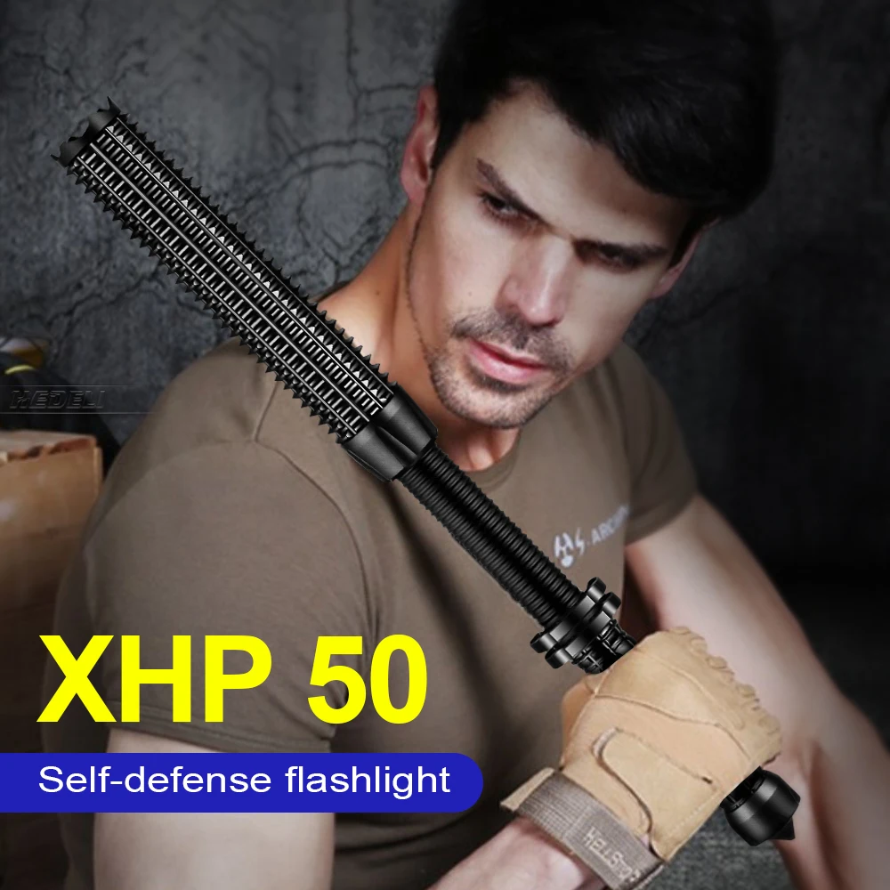 Linterna led de autodefensa, linterna táctica de béisbol XHP50, portátil, telescópica, flash, lámpara de defensa, 18650